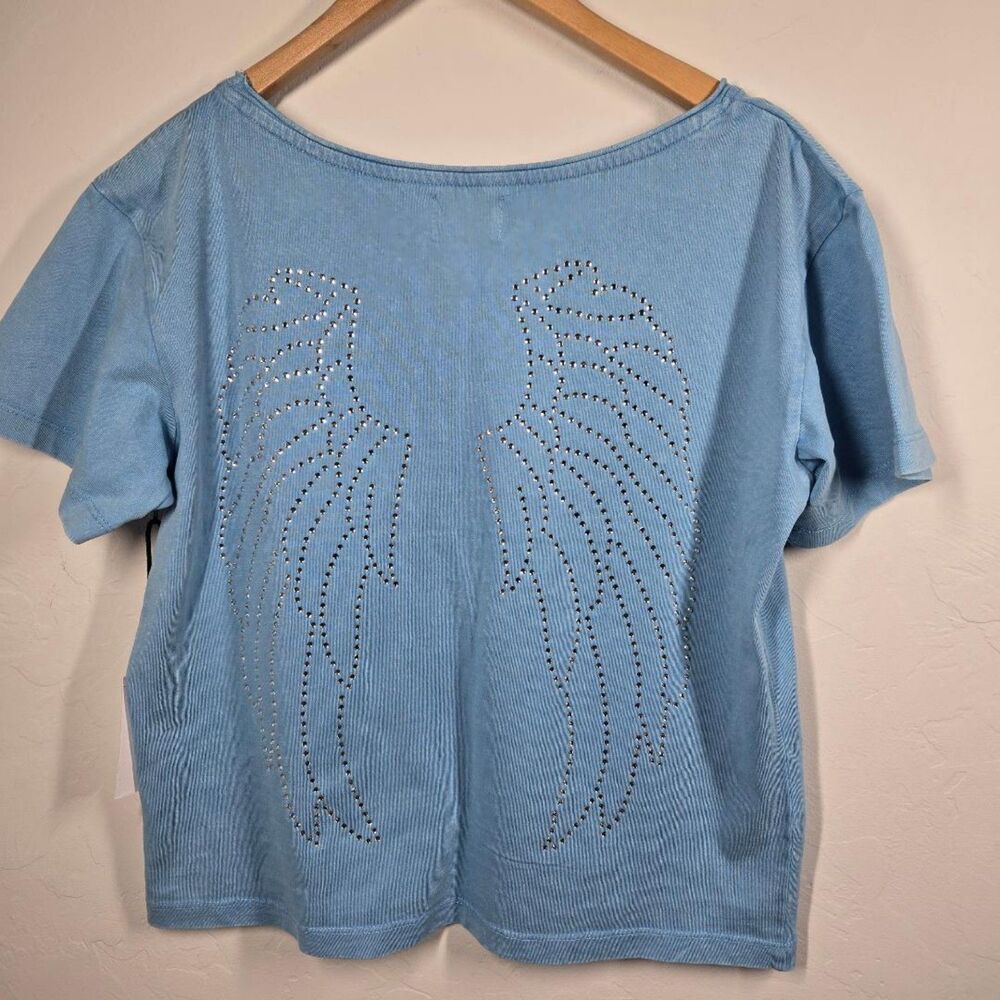 Rhinestone Angel Wings Boxy Crop Top Vintage Wash Light Blue Urban Nation L